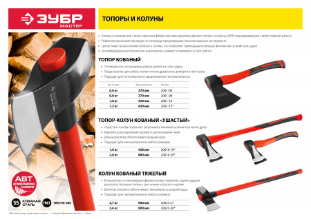 Топор-колун кованый, Зубр Мастер 20616-10, с двухкомпонентной фиберглассовой рукояткой, "ушастый", 1кг/430мм