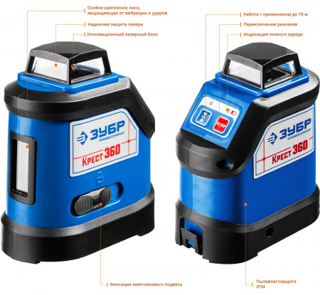 Нивелир лазерный линейный Зубр "ПРОФЕССИОНАЛ" "Крест-360", 34906