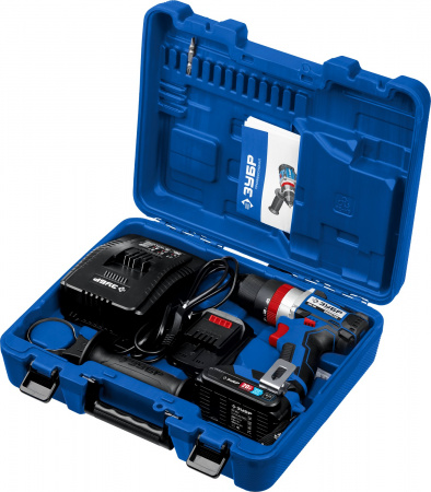 Дрель-шуруповерт Зубр 20В бесщеточная ударная, 2 АКБ (2Ач), в кейсе, Профессионал. DBS-201-22