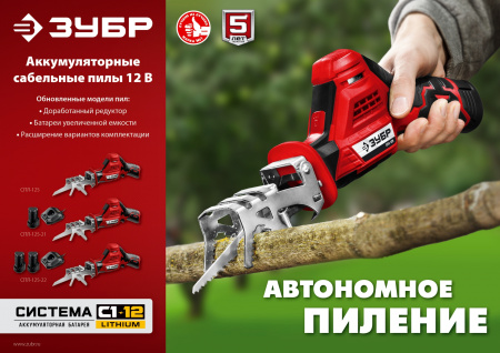 Пила сабельная Зубр СПЛ-125-22 12В, 2 АКБ (2Ач), в коробке