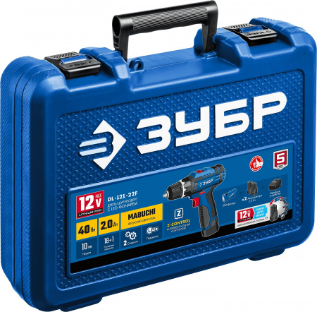 Дрель-шуруповерт Зубр  DL-121-22F, 2 АКБ (2 Ач) + LED фонарь, в кейсе, серия ПРОФЕССИОНАЛ