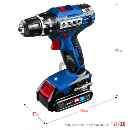 Дрель-шуруповерт Зубр DL-201-22, 2 АКБ (2 Ач), в кейсе, серия ПРОФЕССИОНАЛ