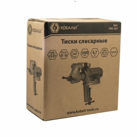 Тиски слесарные поворотные Кобальт 100 мм, захват 63.5 мм, 6.7 кг, наковальня, коробка
