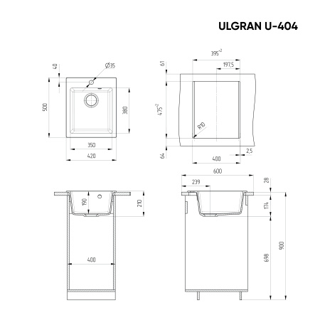 Кухонная мойка Ulgran U-404 ультра-черный