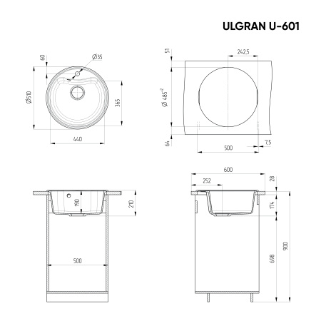 Мойка для кухни Ulgran U-601 ультра-черный