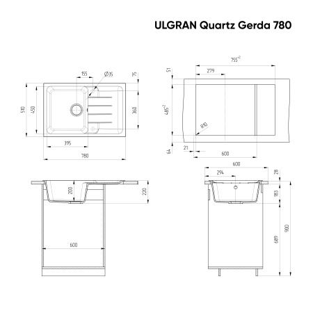 Мойка для кухни Ulgran Gerda 780 платина
