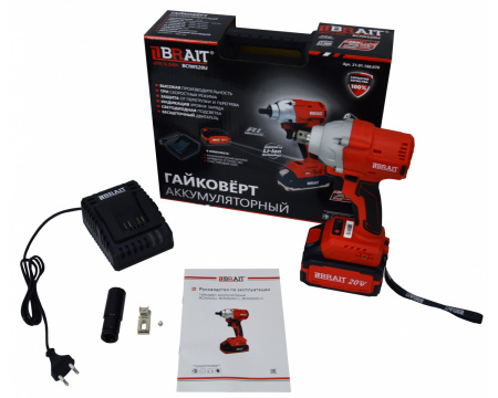 Гайковерт аккумуляторный ударный Brait BCIWS20U (20В,Li-ion,1х4.0Ач, 300Нм, 1/2"HEX 1/4 б/щ) 1.3кг кейс