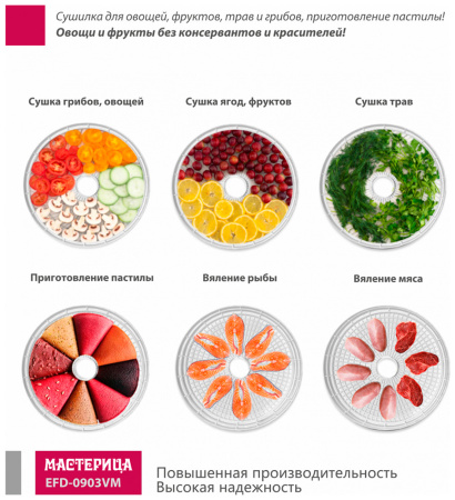 Сушилка для овощей и фруктов Мастерица EFD-0903VM, 9 поддонов + 2 поддона д/пастилы