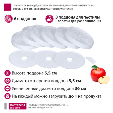 Сушилка для овощей и фруктов Мастерица EFD-5000 белая, 6 белых поддонов + 3 поддона д/пастилы