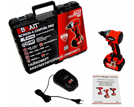 Гайковерт ударный аккумуляторный Brait BCIW20-4-250PUBL PRO (20В,Li-ion,1х4Ач,250Hм,1/2"), кейс
