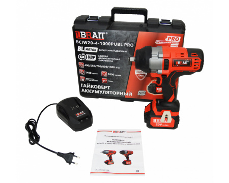 Гайковерт ударный аккумуляторный Brait BCIW20-4-1000PUBL PRO (20В,Li-ion,1х4Ач,1000Hм, 1/2"), кейс