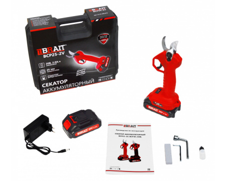 Секатор аккумуляторный Brait BCP25-2V (20В,2х2Ah, диаметр реза 25мм), кейс