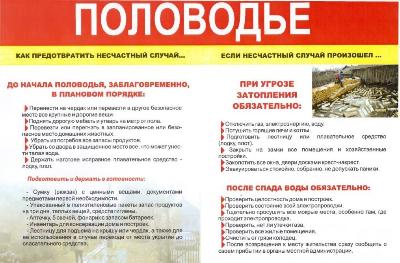 Памятка Рекомендации населению о том, как обезопасить себя в паводок, половодье и наводнение.