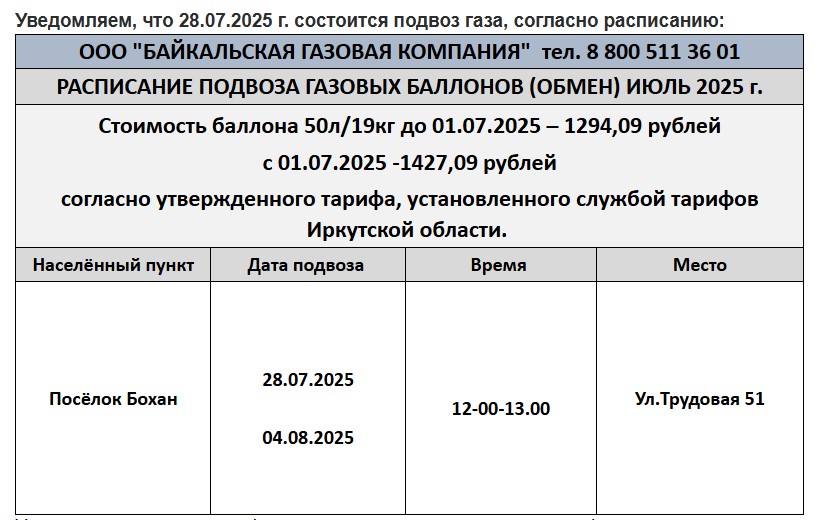 Уведомляем, что 28.07.2025 г. состоится подвоз газа, согласно расписанию: