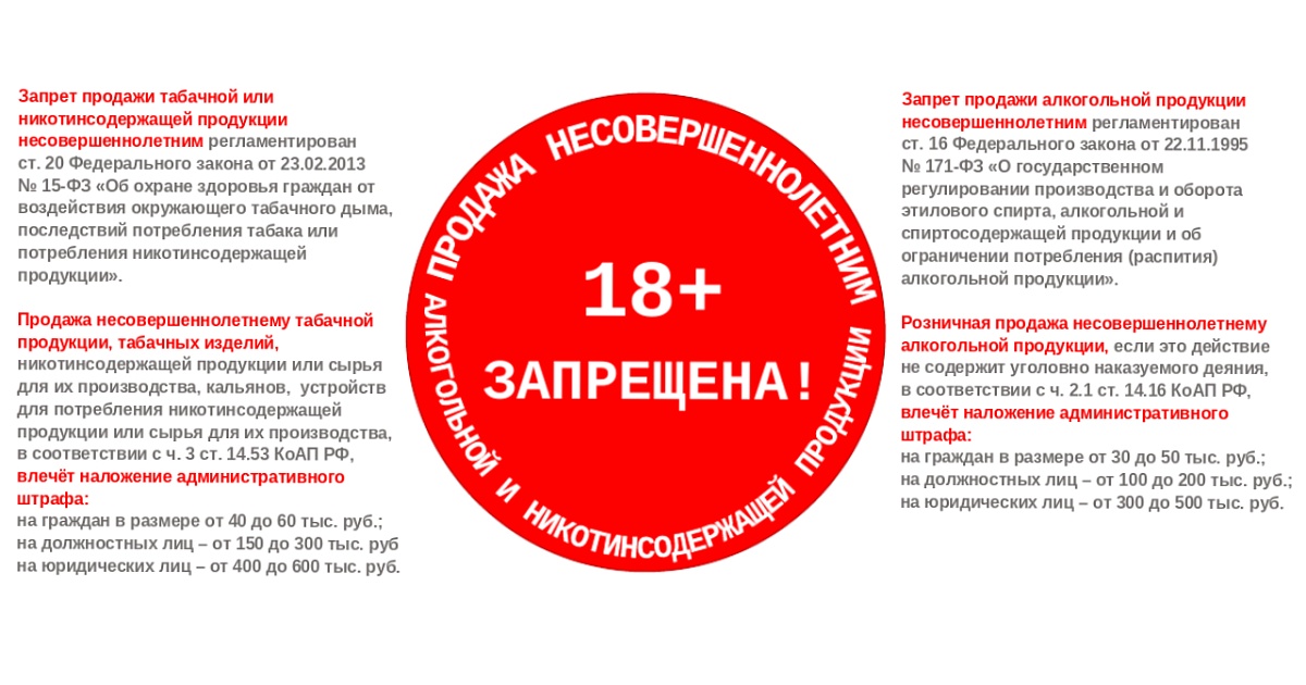Продажа несовершеннолетним алкогольной и никотинсодержащей продукции запрещена!