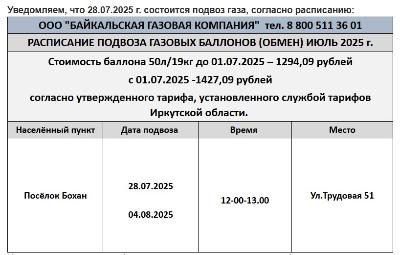 Уведомляем, что 28.07.2025 г. состоится подвоз газа, согласно расписанию: