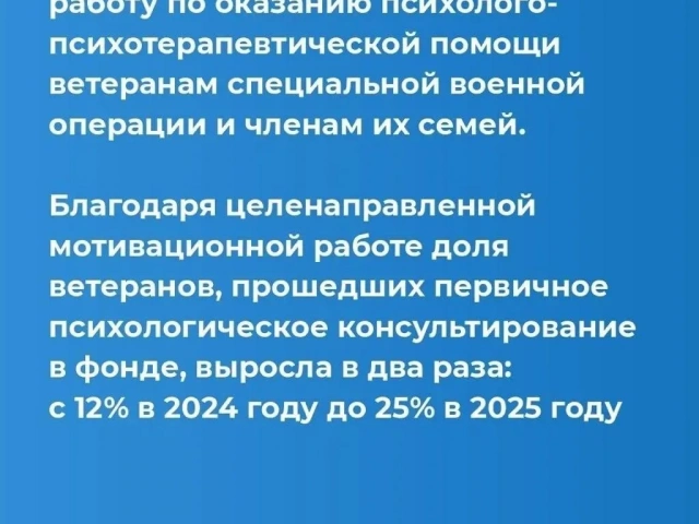 Фонд «Защитники Отечества» продолжает развивать систему психологической поддержки ветеранов СВО и их семей. 